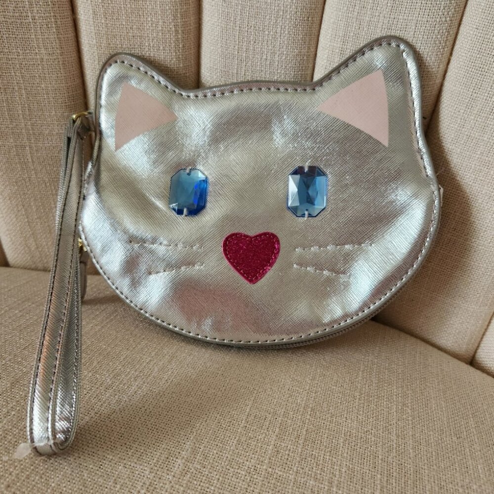 Luv Betsey Johnson CAT wristlet zipper pouch bag silver jeweled kitty clutch
